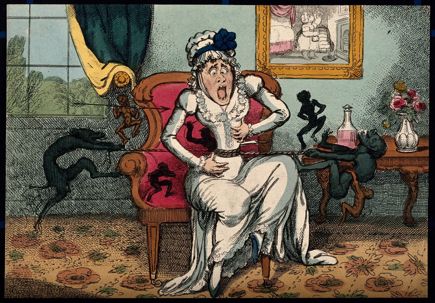 A woman suffering the pain of colic; illustrated by demons tugging on a rope wound around her stomach. Coloured etching after G. Cruikshank after Captain F. Marryat.